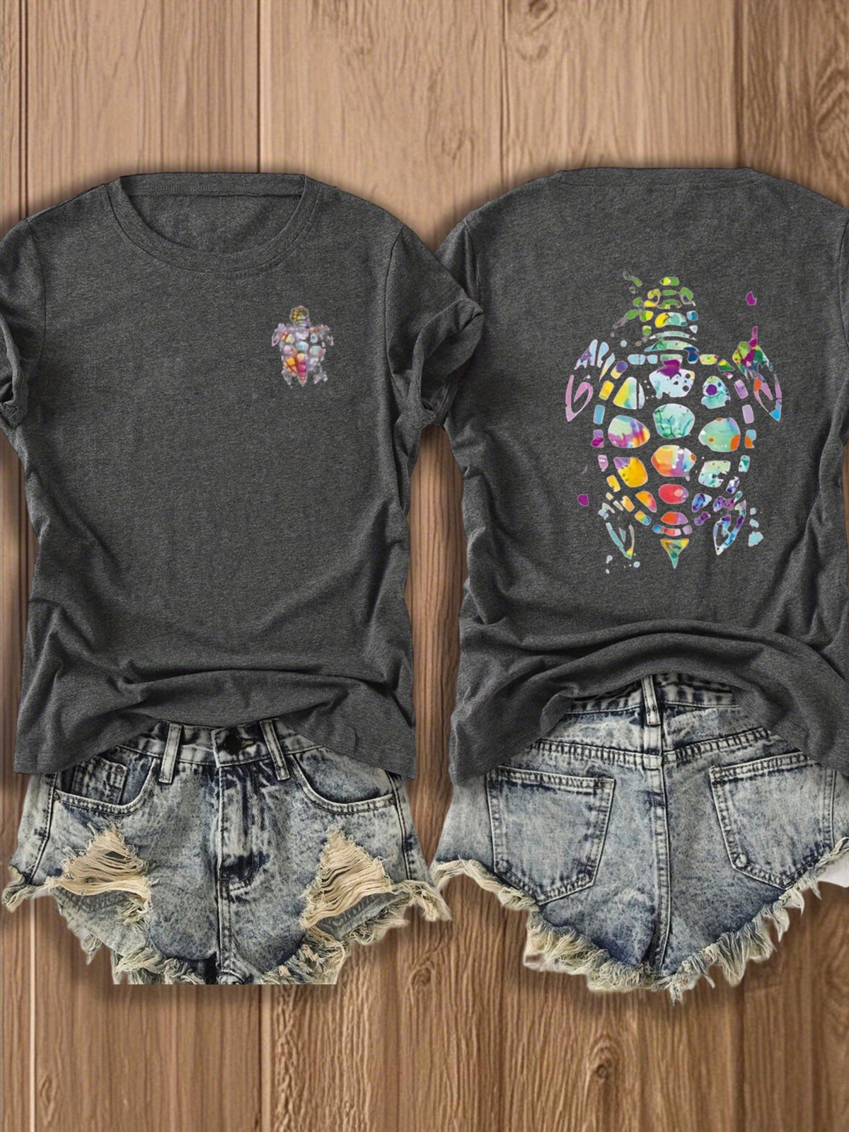 Tribal Turtle Print T-Shirt Women Colorful Artistic Double-Sided Graphic Tee Casual Beach Summer Top Nature Lover Gift S-XXL