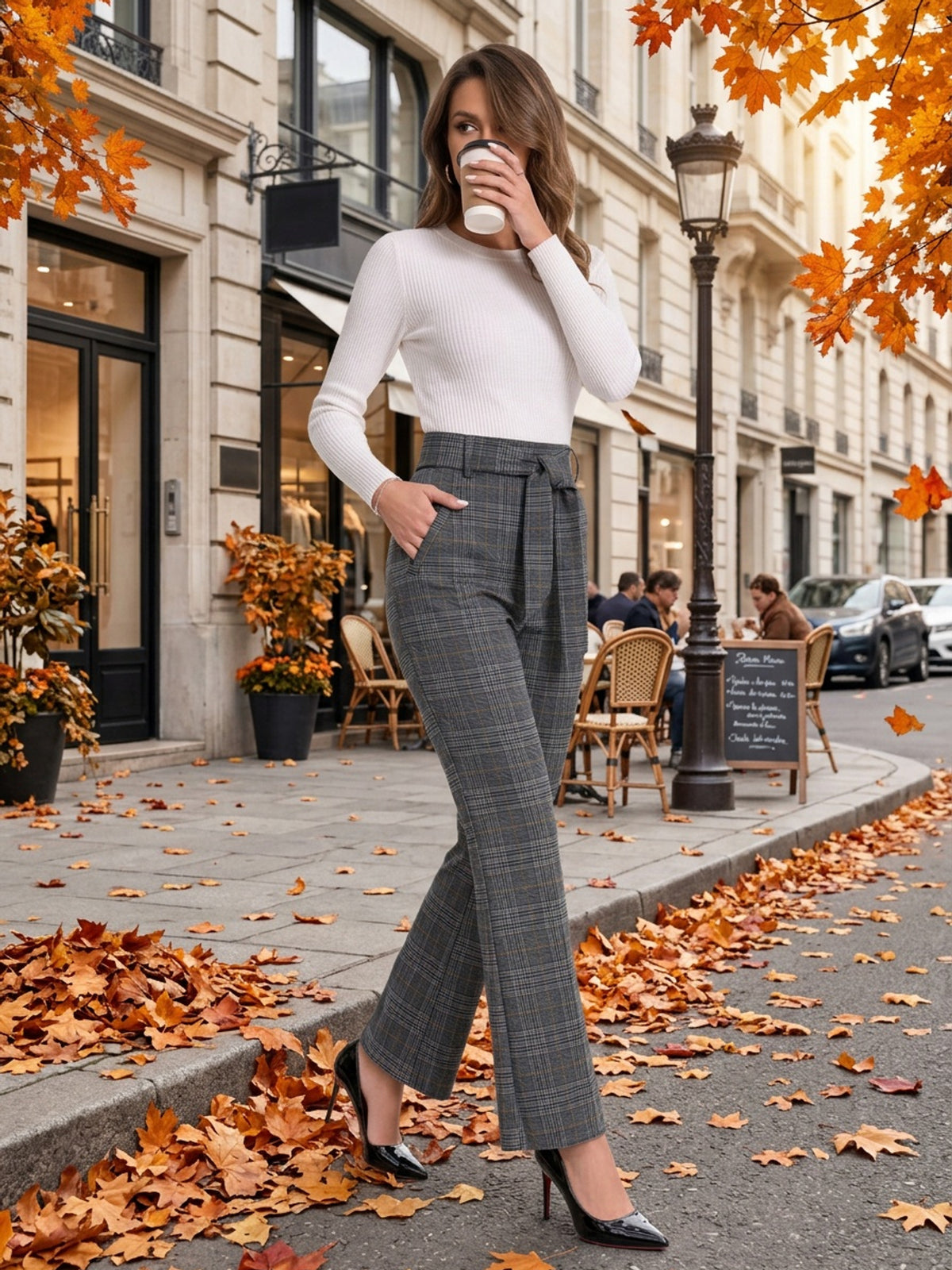 Plaid Flare Pants Women High Waist Tie Belt Slim Fit with Pockets Elegant Office Work Trousers Chic Tailored