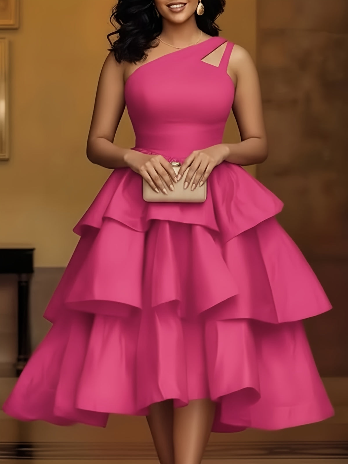 Orange One-Shoulder Cutout Tiered Midi Dress for Women – Eye-Catching Party Gown for Birthday Dinners, Gatherings & Summer Events