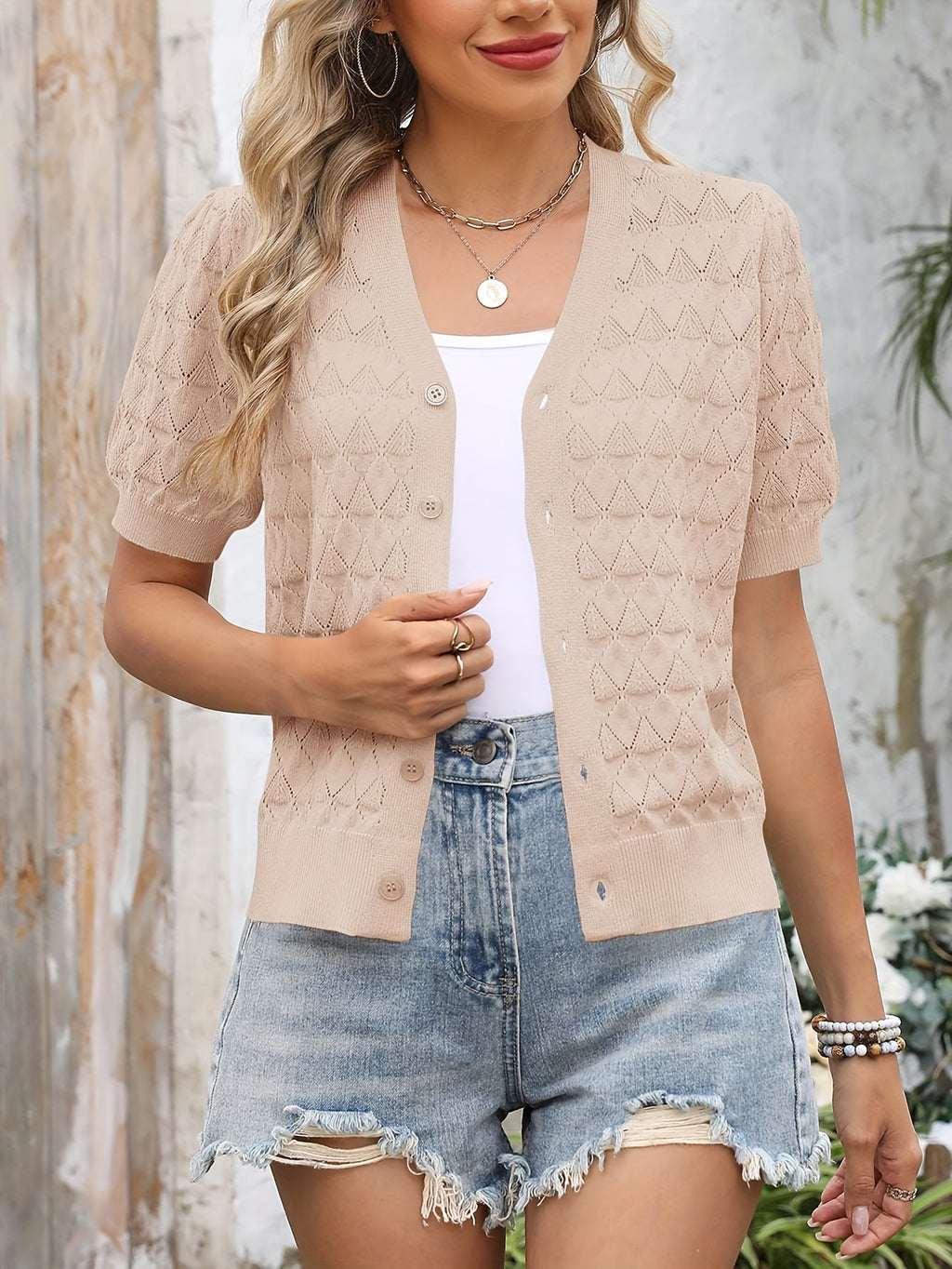 Women's Cropped Crochet Cardigan Puff Sleeve Linen Blend Sheer Lace Knit Short Top Breathable Lightweight Spring Summer Boho Fashion