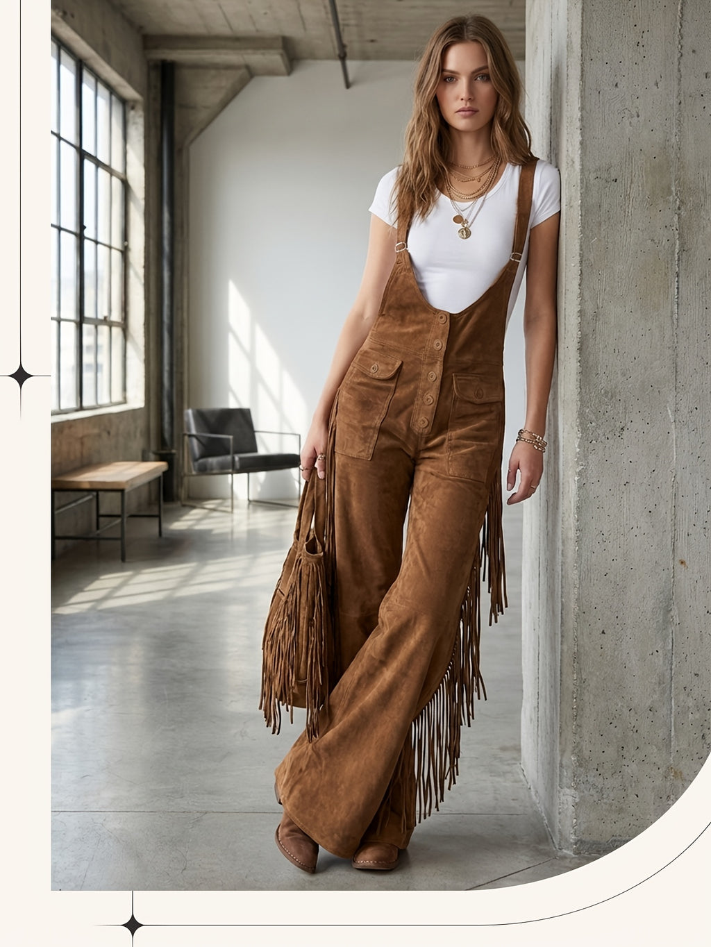 Vintage Fringe Overalls Women Wide Leg Loose Faux Suede Western Boho Festival Country Concert Halloween Costume Outfit