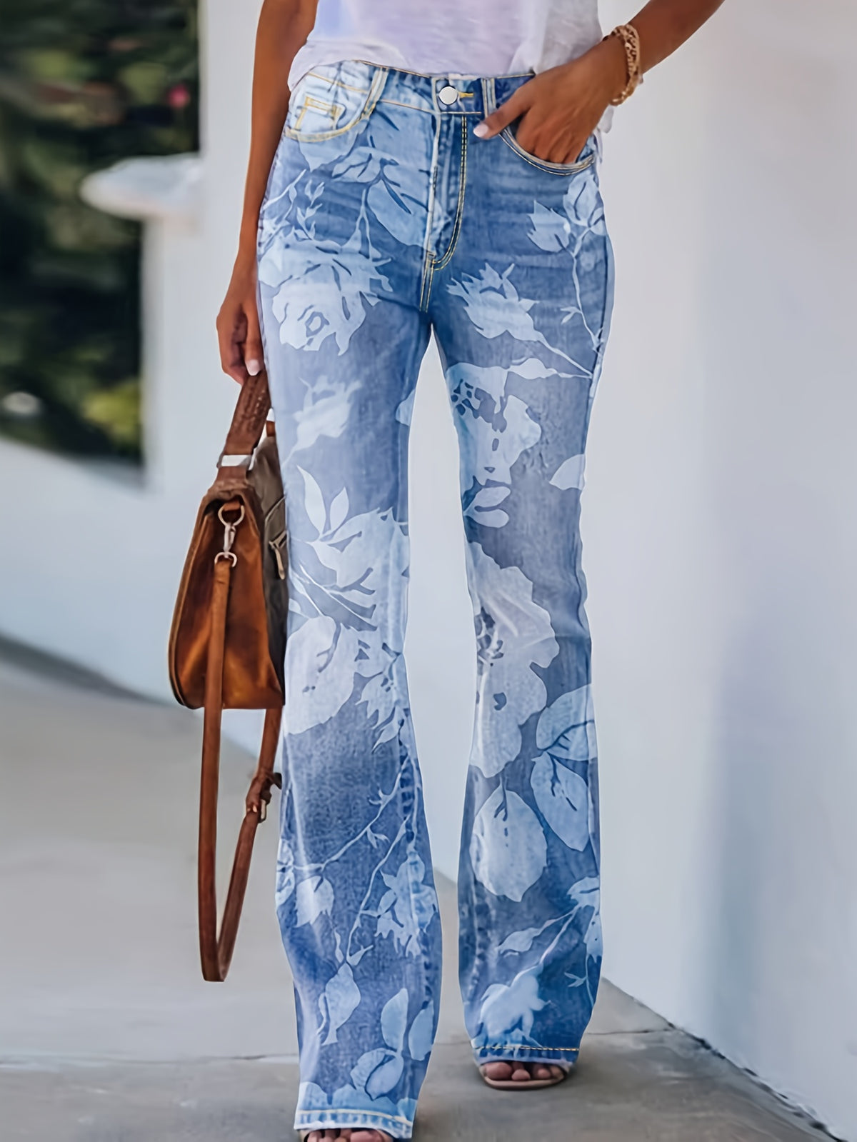 High Waist Elastic Floral Print Wide Leg Flare Pants Women Retro Bootcut Trousers Light Blue S-XXL