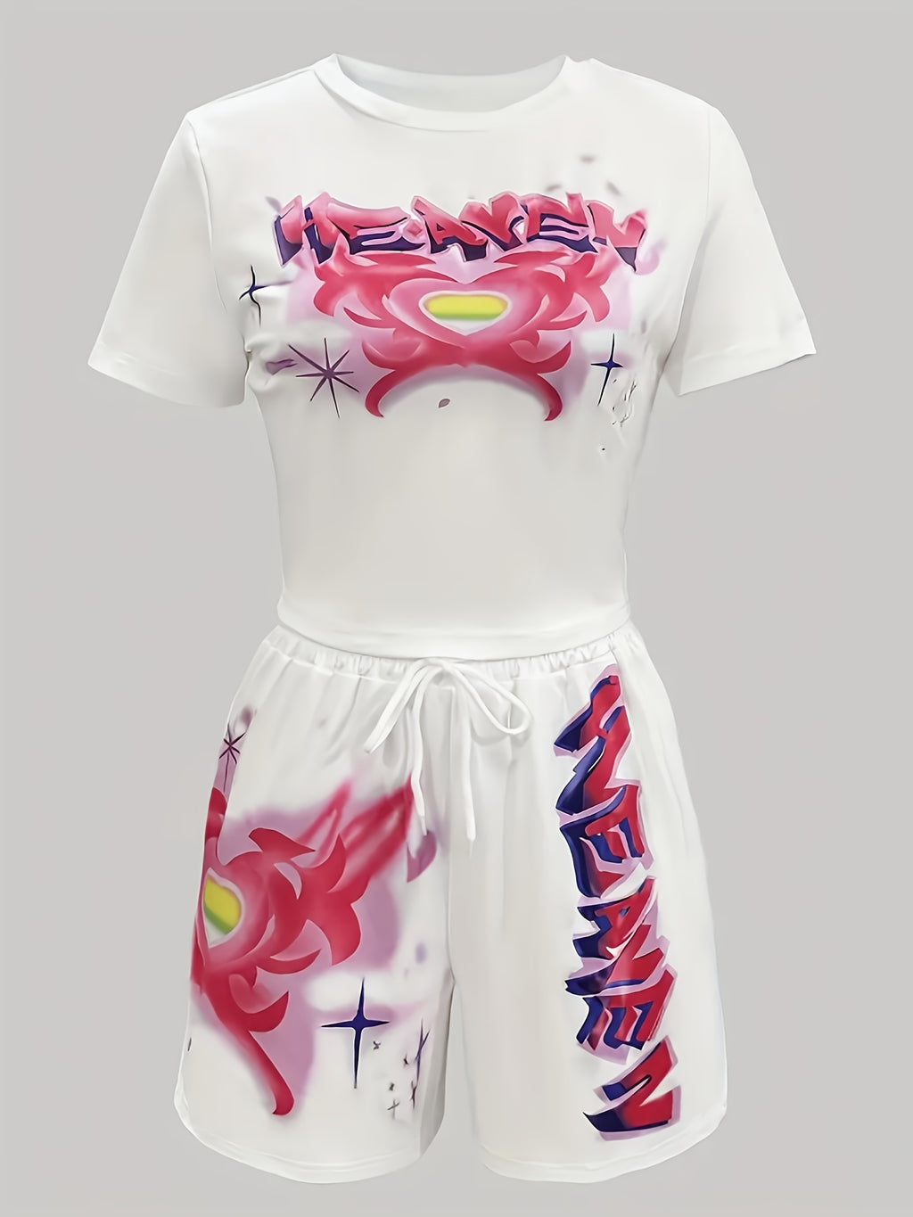 Heart Letter Print 2 Piece Set Women Short Sleeve Top High Waist Shorts Cute Casual Matching Outfit Summer S-XXL