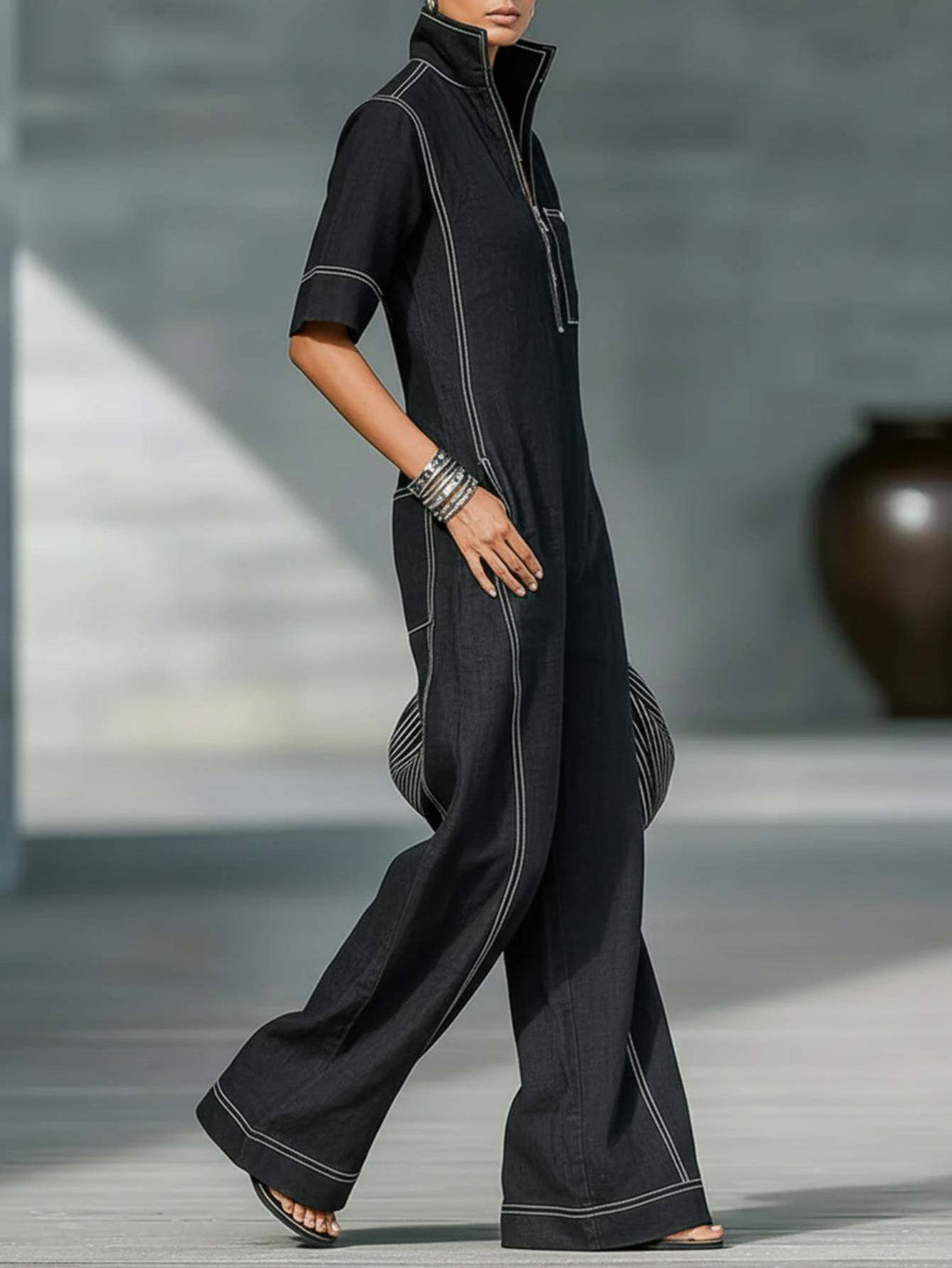 Wide-Leg Jumpsuit for Women White Line Decorative Sleeveless Elegant Street Style Casual One Piece Outfit Summer Fashion S-XXL