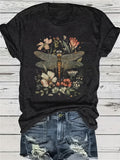 Floral Dragonfly Boho Graphic T-Shirt Women Summer Casual Trendy Nature Print Crew Neck Short Sleeve Soft Stretch Knit Everyday Vacation Top Machine Washable S-XXL