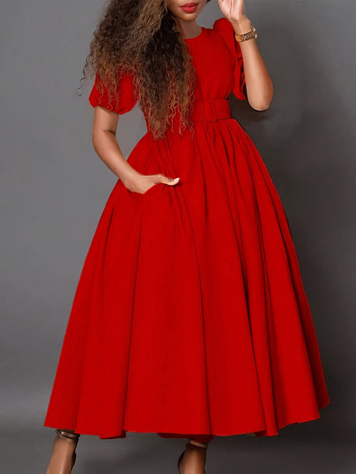 Belted Elegant Dress Women Waist Cinched Lantern Sleeve Full Skirt Pocket Spring Summer Solid Color 100% Polyester Smooth Feminine Lady Dress