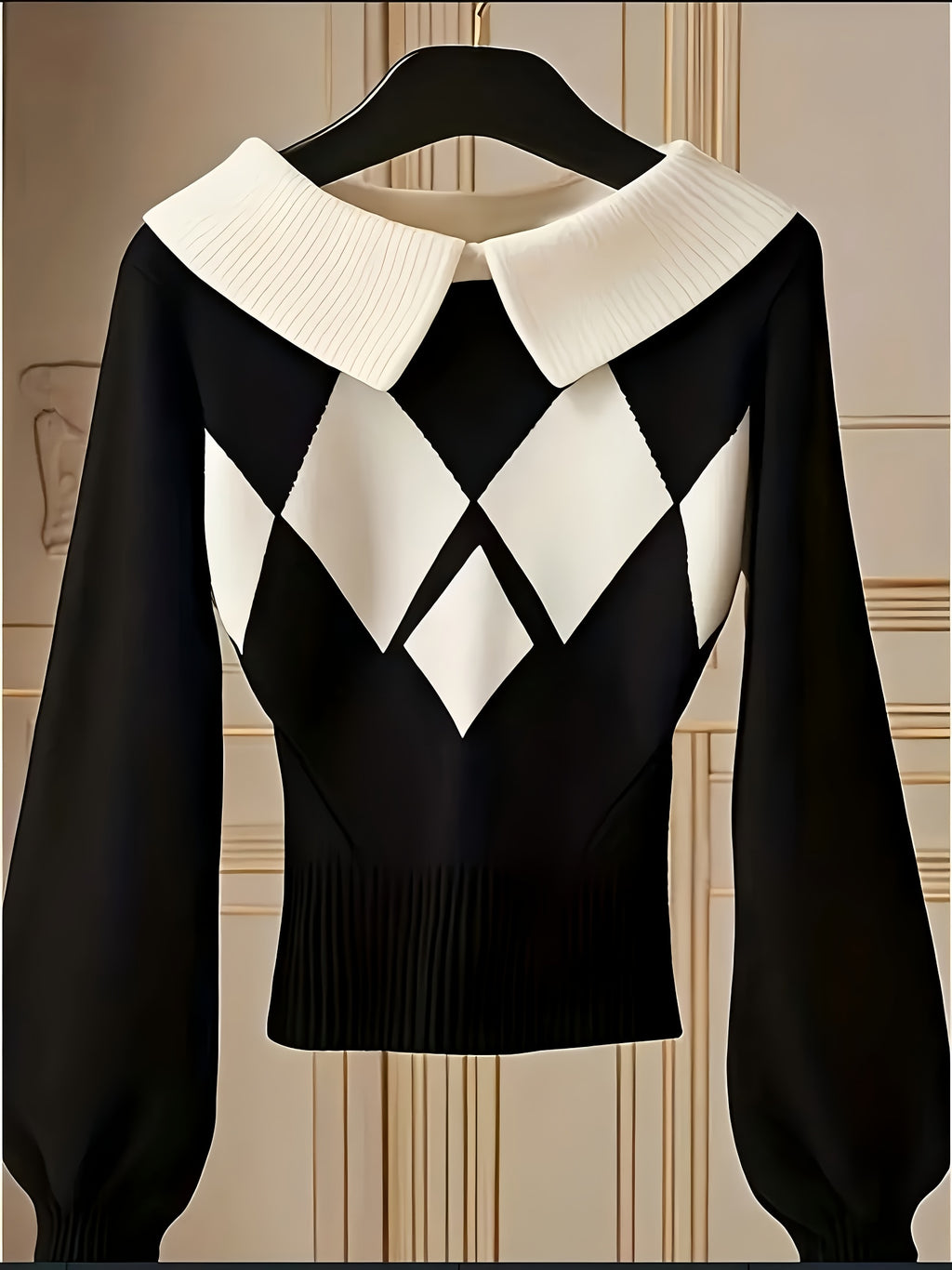 Diamond Plaid Lapel Knit Sweater Women Black White Color Block Long Sleeve Pullover Elegant Office Casual Fall Winter S-XXL