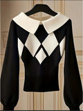 Diamond Plaid Lapel Knit Sweater Women Black White Color Block Long Sleeve Pullover Elegant Office Casual Fall Winter S-XXL