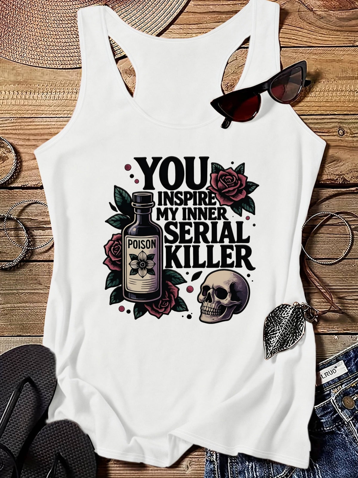 Rose Print Round Neck Tank Top for Women - Floral Poison Rose Fashion Sleeveless Blouse Vest, Breathable Casual Summer Top for Everyday Outfits & Layering