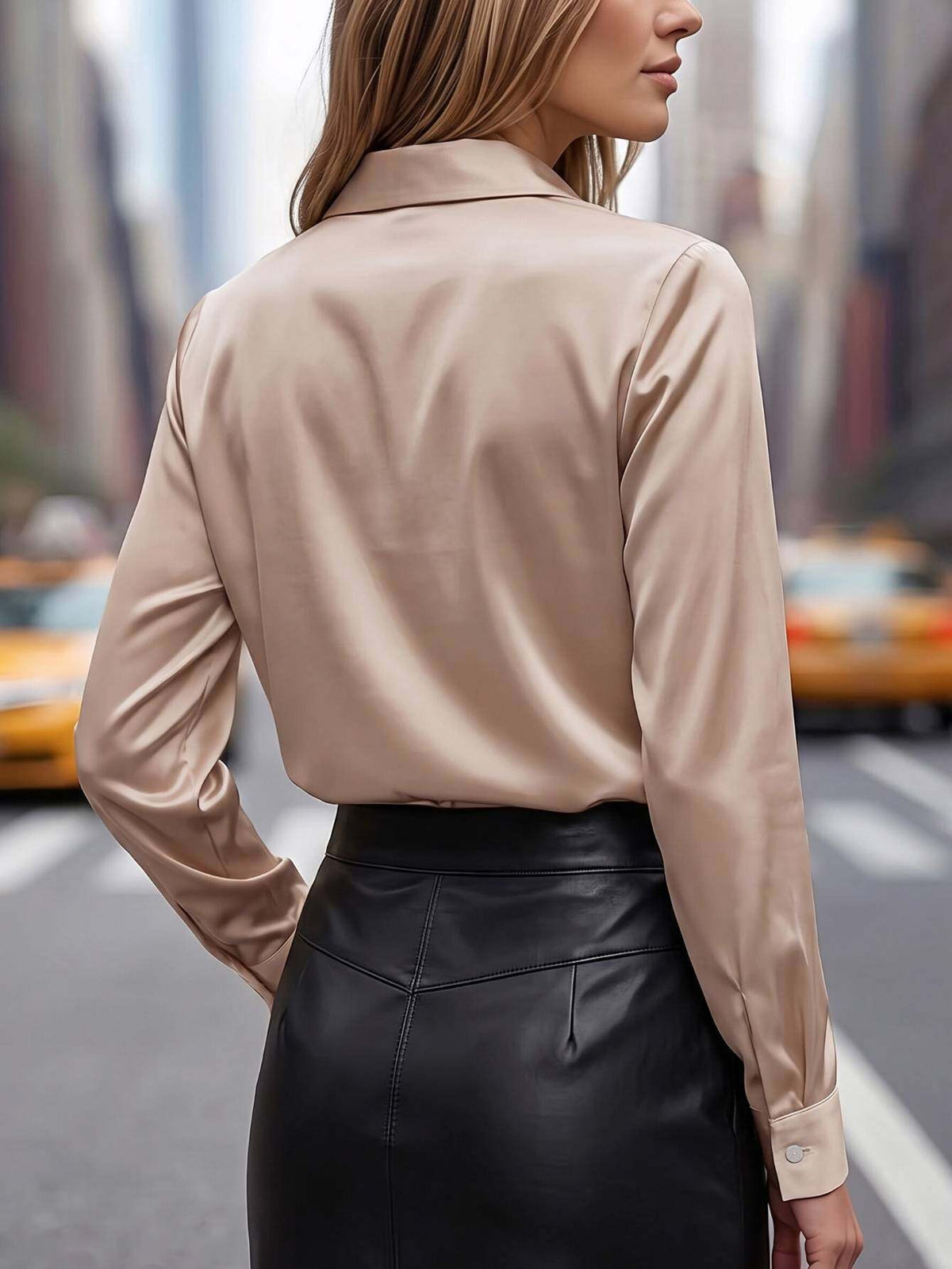 Women's Champagne Cowl-Neck Satin Blouse Silky Lapel Elegant Office Work Business Casual Top Fall Winter