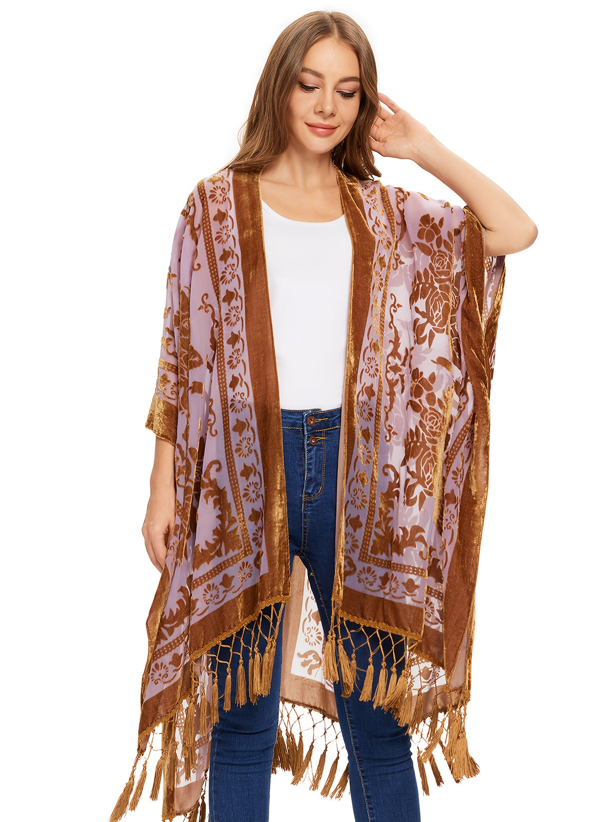 Boho Burnout Velvet Kimono Women Long Cardigan Cover Up Tassel Floral Embroidered One Size
