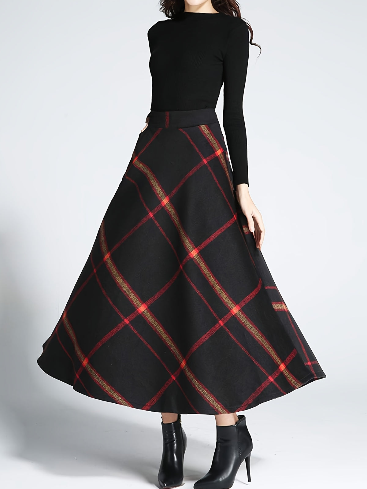 Wool Plaid Maxi Skirt Women A-Line Pleated Elastic Waist Fall Winter Long Skirt Grey M-XXL