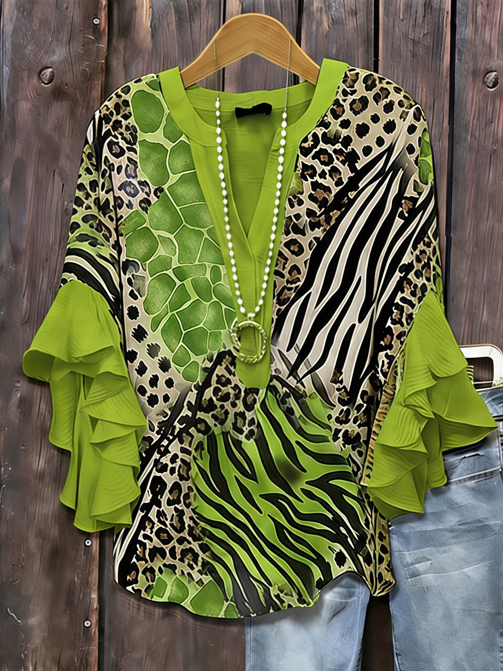 Animal Print Ruffle Sleeve Tunic Top Women V-Neck Long Blouse Three Quarter Patchwork Loose Fit Casual Daily Commute Date Night 95% Polyester