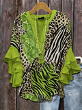 Animal Print Ruffle Sleeve Tunic Top Women V-Neck Long Blouse Three Quarter Patchwork Loose Fit Casual Daily Commute Date Night 95% Polyester