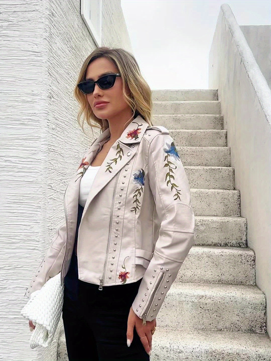 Floral Embroidered Moto PU Jacket Women Studded Faux Leather Coat Casual All Season Streetwear Biker Jacket