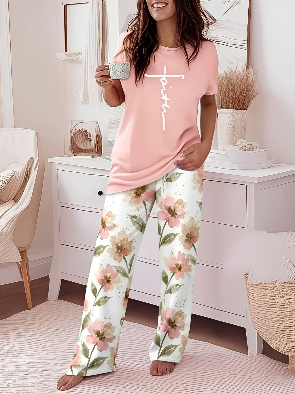 Women's 2 Piece Set Cross Print Short Sleeve Top & Gradient Wide Leg Pants Casual Loose Matching Outfit