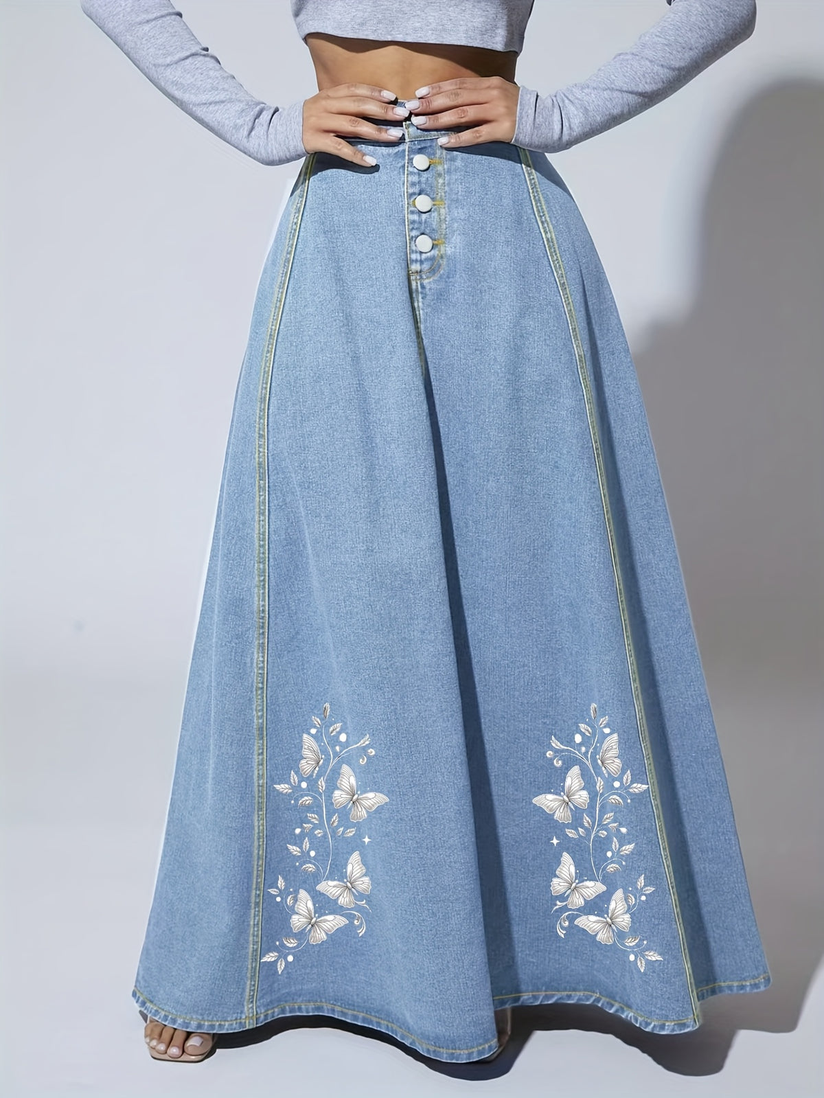 Floral Embroidered Denim Maxi Skirt Women Button Closure Long Jean Skirt Casual Formal All Season Solid Color High Quality 2025