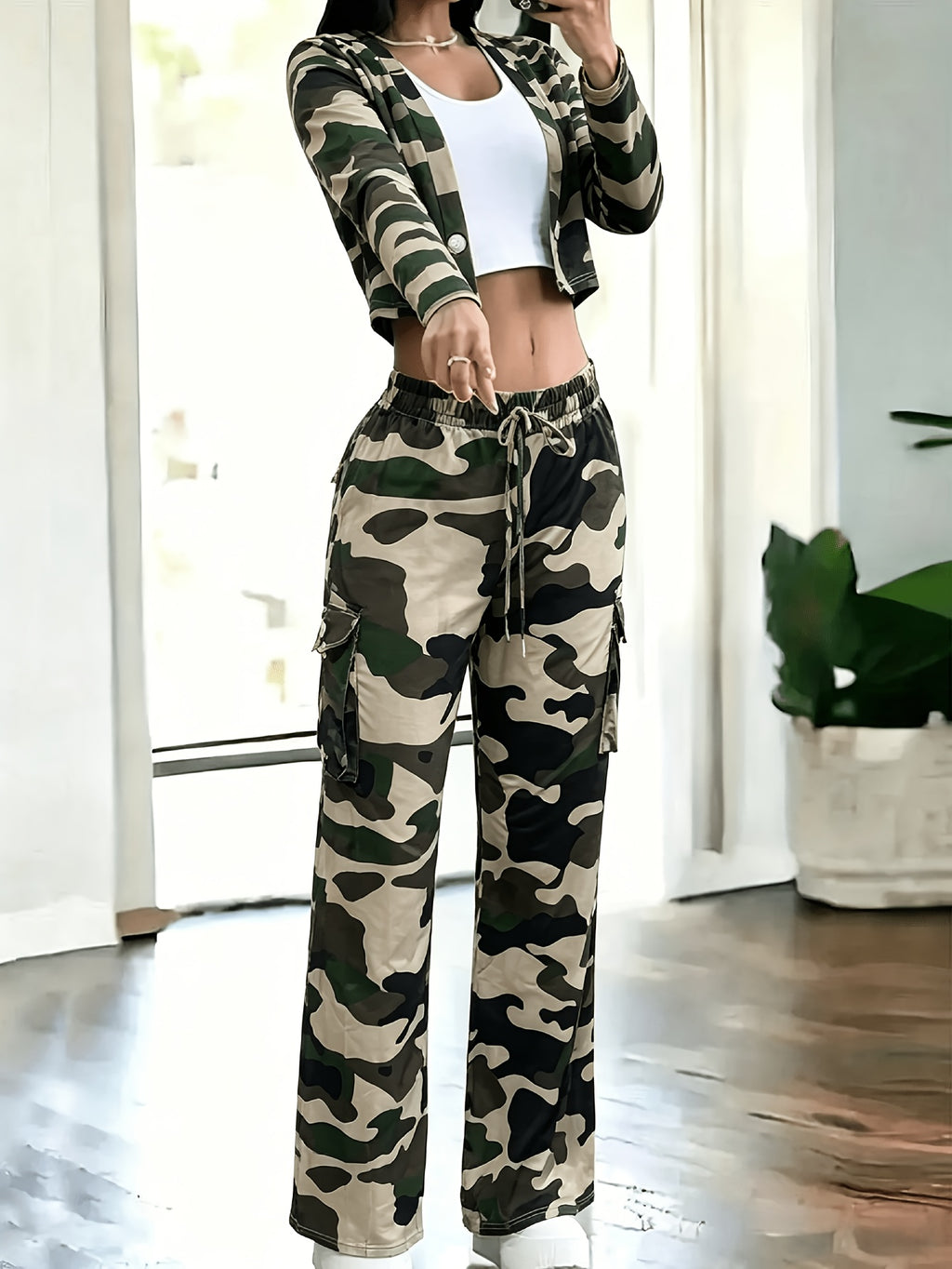 Women's 2 Piece Set Green Cardigan & Camouflage Cargo Pants Y2K Style V-Neck Button Blazer Belted Waist Streetwear Outfit