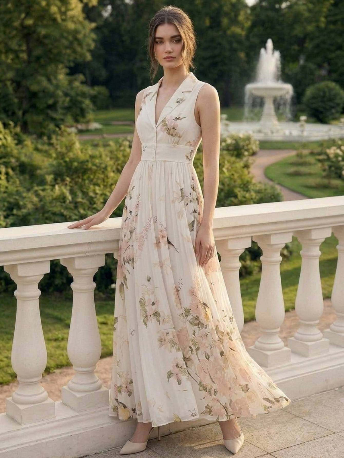 Vintage Print Lapel Dress Women Sleeveless Waist-Cinching Elegant A-Line Dress Spring Summer Date Afternoon Tea Semi-Formal Dress S-XXL