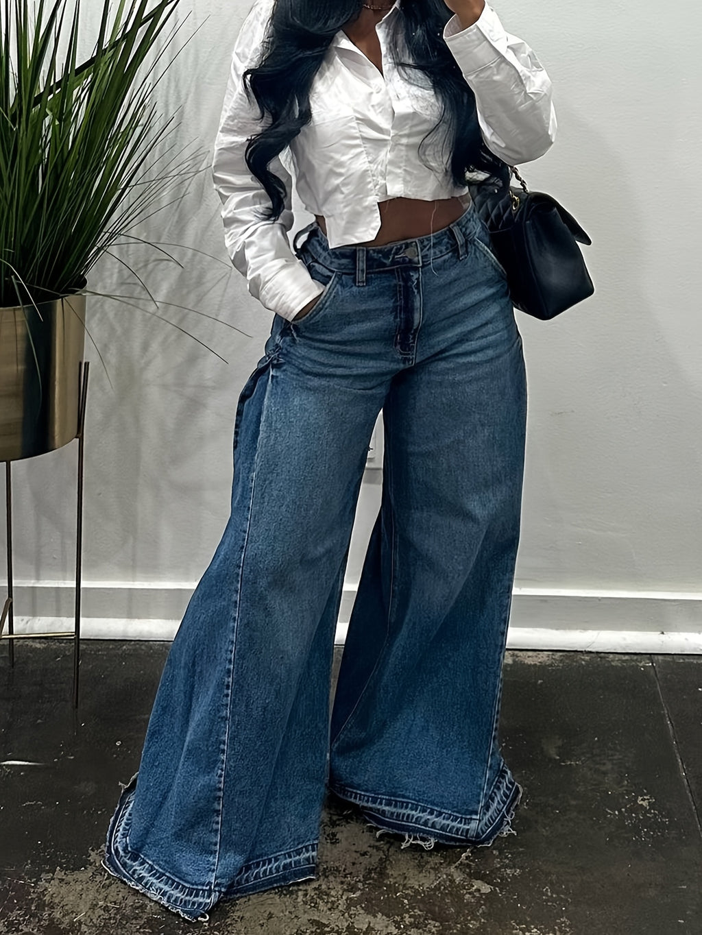 Wide Leg Jeans Women High Waist Flared Denim Pants Baggy Loose Fit Frayed Raw Hem Casual Streetwear All-Season S-XXL