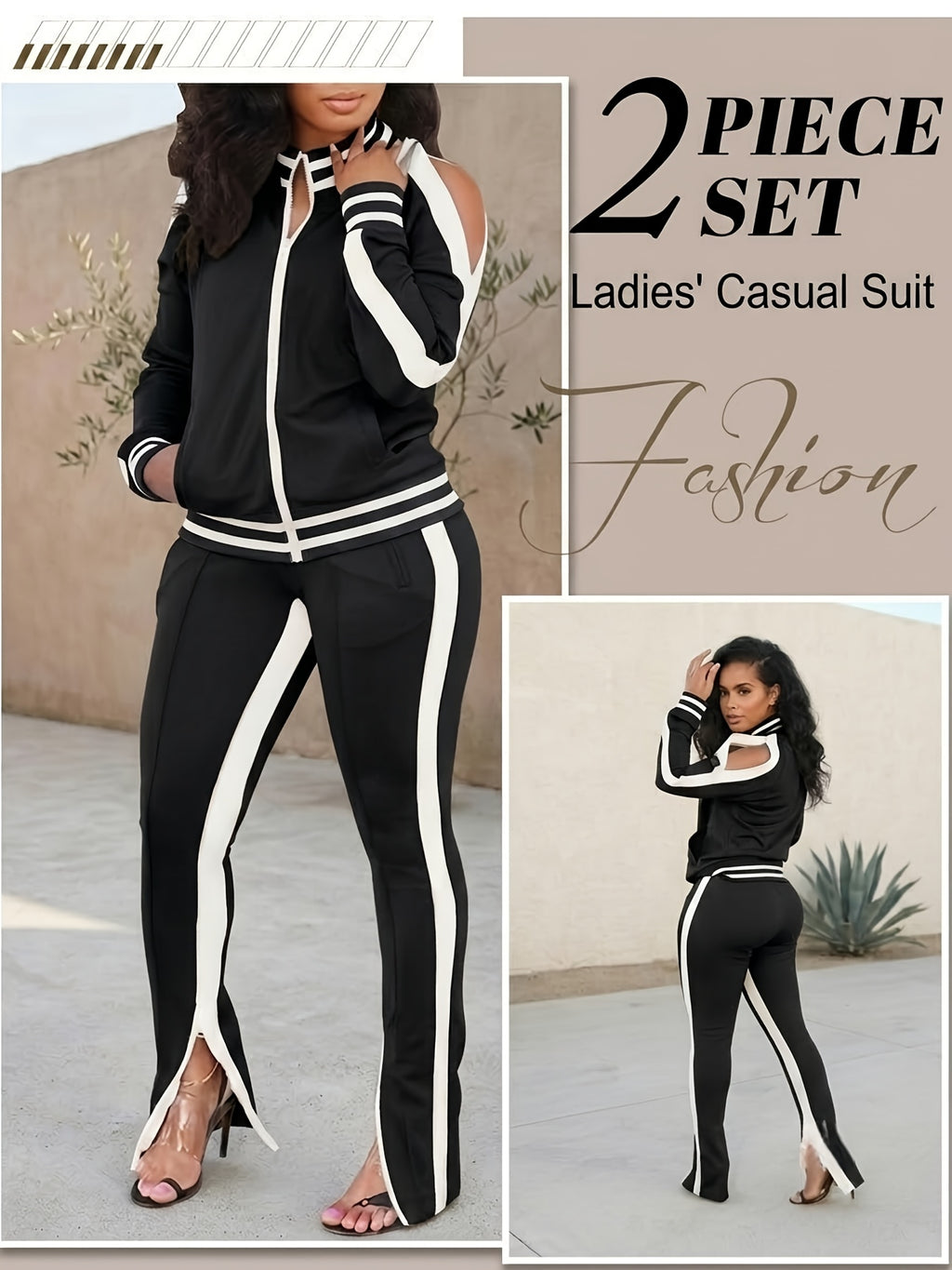 Color Block Off-Shoulder Tracksuit Set for Women – 2-Piece Zip Cuff Sweatshirt & Sweatpants Casual Matching Outfit, Lightweight Breathable Jogger Set