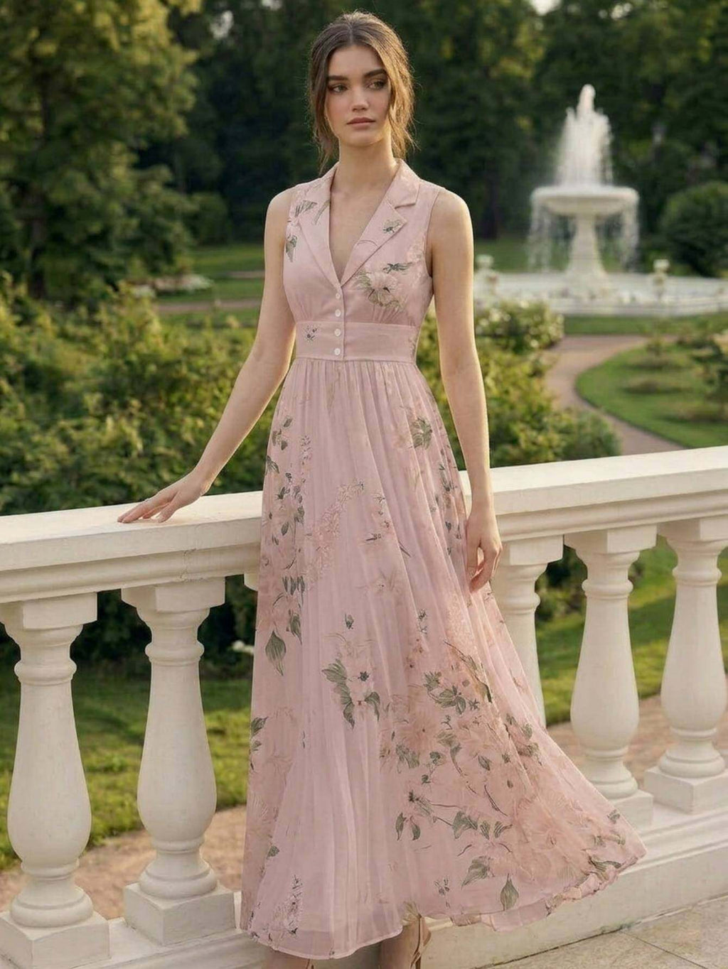 Vintage Print Lapel Dress Women Sleeveless Waist-Cinching Elegant A-Line Dress Spring Summer Date Afternoon Tea Semi-Formal Dress S-XXL