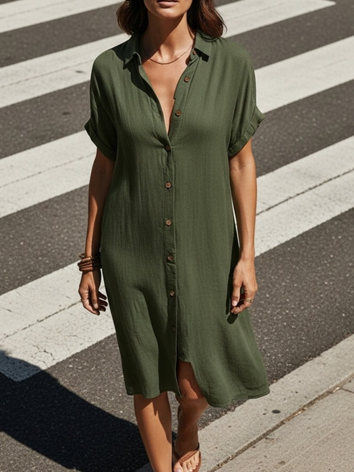 Solid Color Shirt Dress Women Short Sleeve Buttoned Lapel Collar Midi Length Casual Semi-Formal Versatile Dress for Women