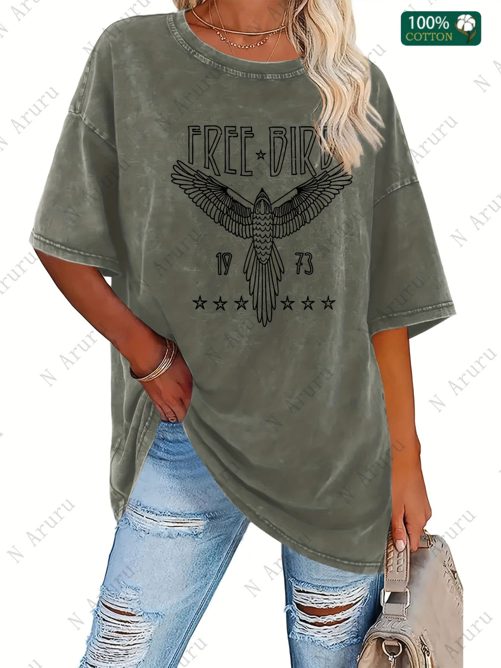 Women's Free Bird Graphic T-Shirt Washed Retro Round Neck Short Sleeve Thick 230g Street Style Casual Tee