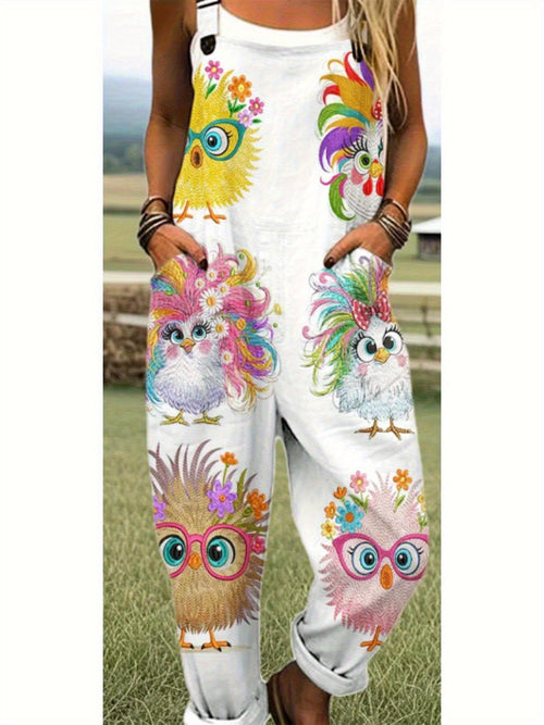 3D Printed Cartoon Chicken Suspender Jumpsuit Women Casual Loose Overalls Fun Graphic Strappy Back Multicolor S-XXL