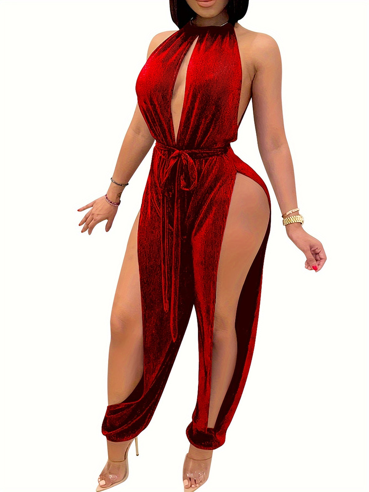 Women Sexy Velvet Halter Backless Bodycon Jumpsuit Party Club Night Evening Elegant Black Red Blue Khaki S-XXL