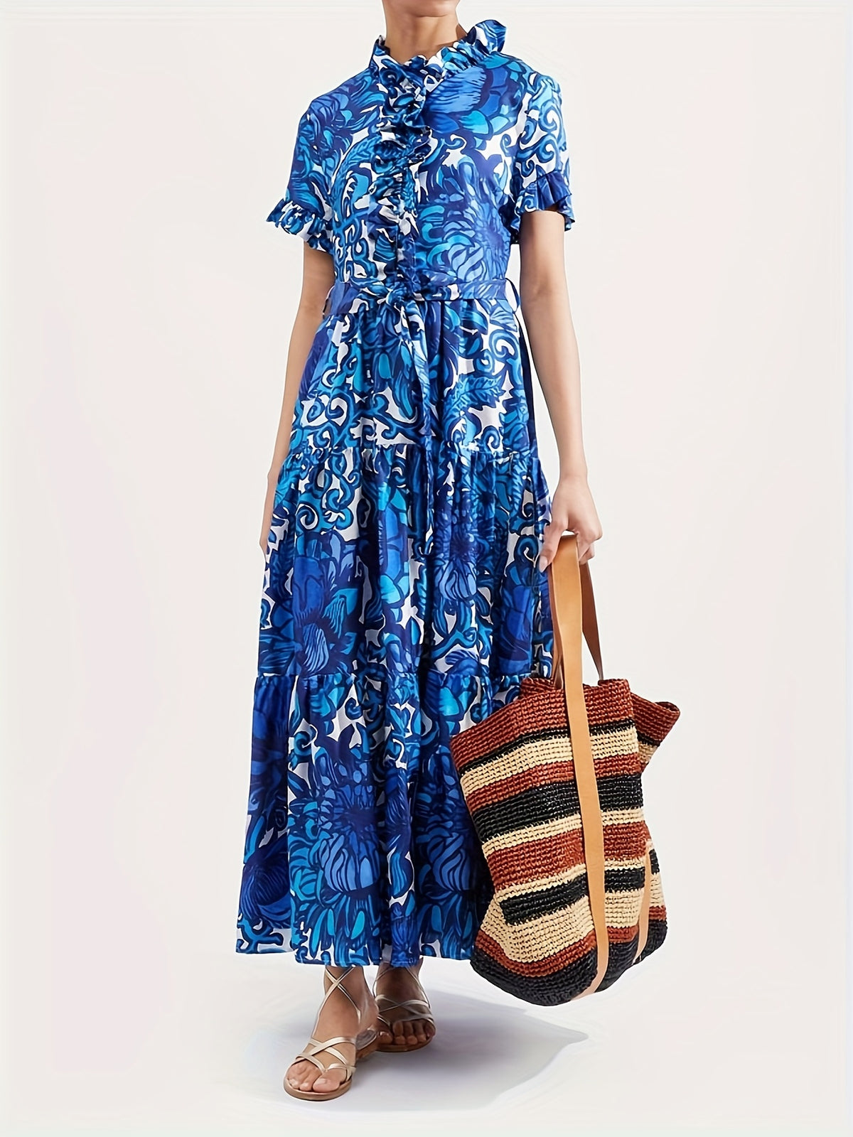 Floral Print Maxi Dress Women V-Neck Ruffle Chest Belted Waist Tiered Skirt with Pockets | Blue Yellow Short Sleeve Summer Dress