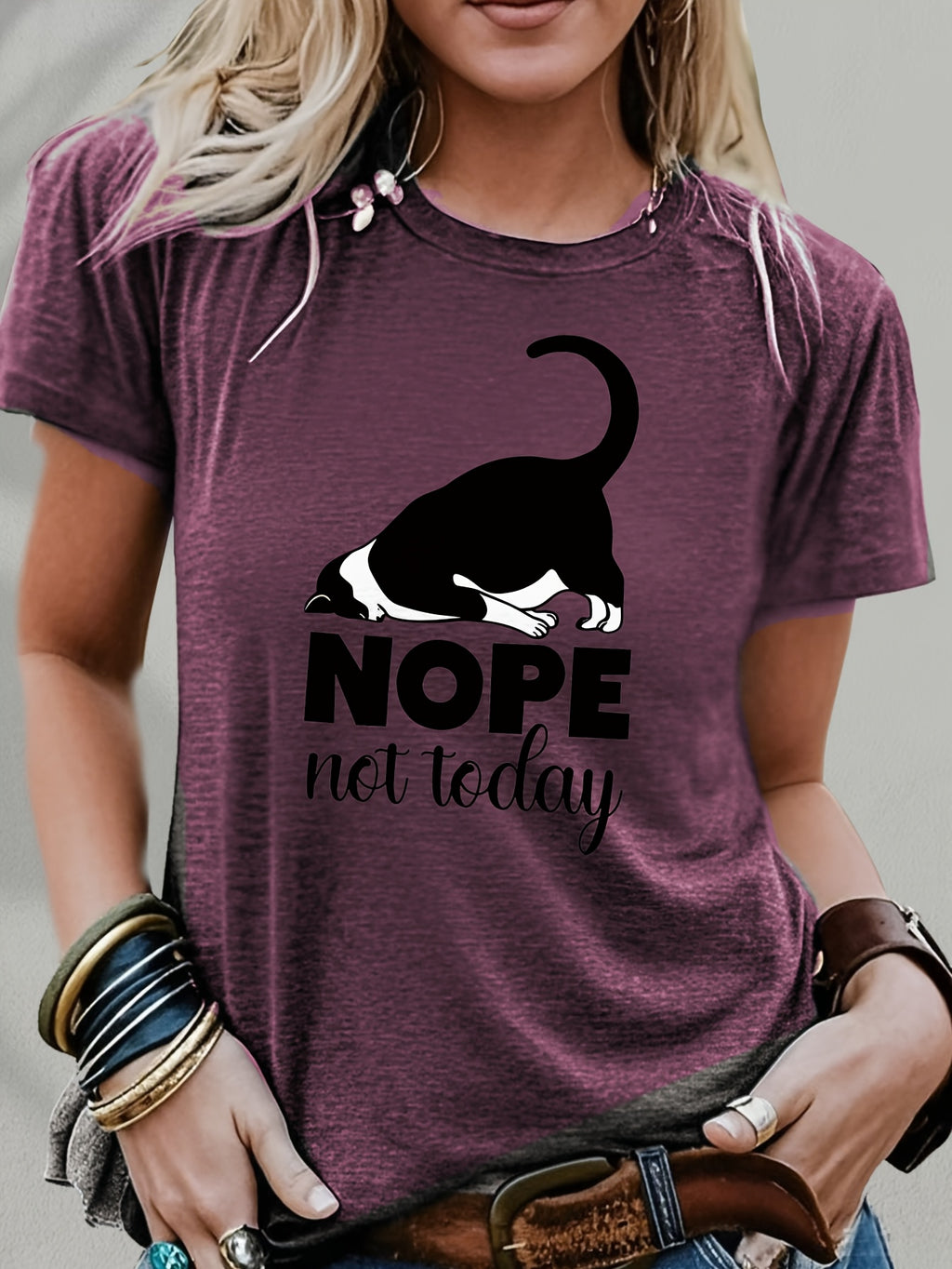 Cute Cat Graphic T-Shirt Women Nope Not Today Slogan Sleeping Cat Print Crew Neck Casual Fun Whimsical Tee Cat Lover Gift Birthday Holiday Top S-XXL