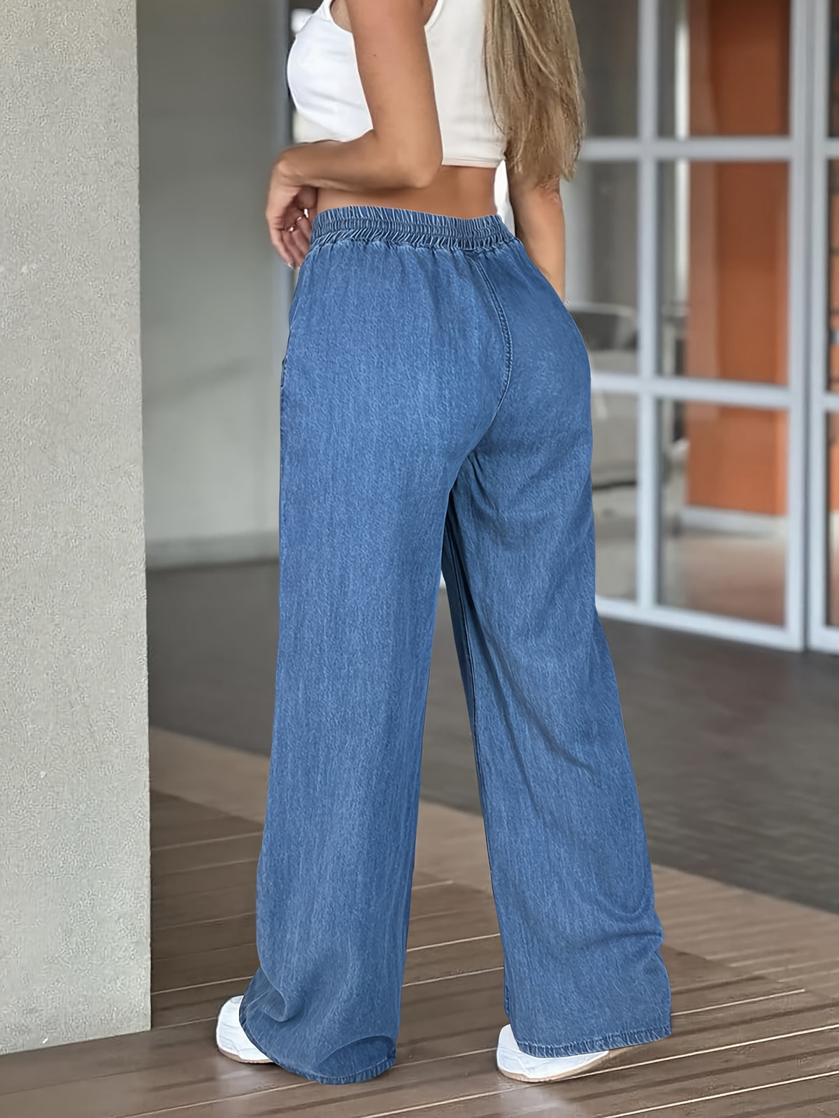 High-Waisted Wide-Leg Jeans for Women - Drawstring Elastic Waistband Loose Straight Leg Denim Trousers, Lightweight Lyocell Blend Casual Pants for Everyday All-Season Wear