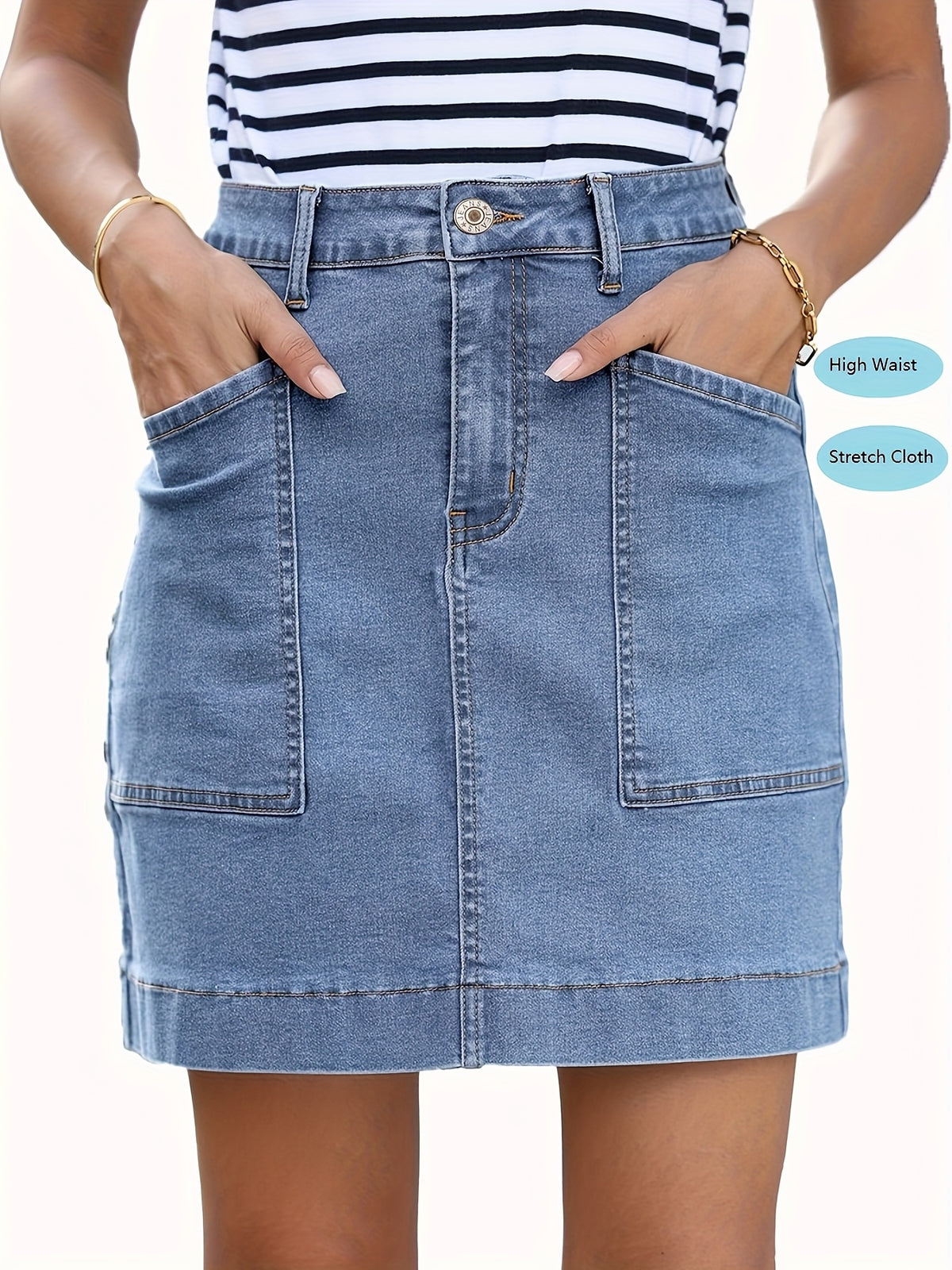 Women High Waist Denim Mini Skirt Skater Style with Large Pockets Casual Summer Stretch Solid Color