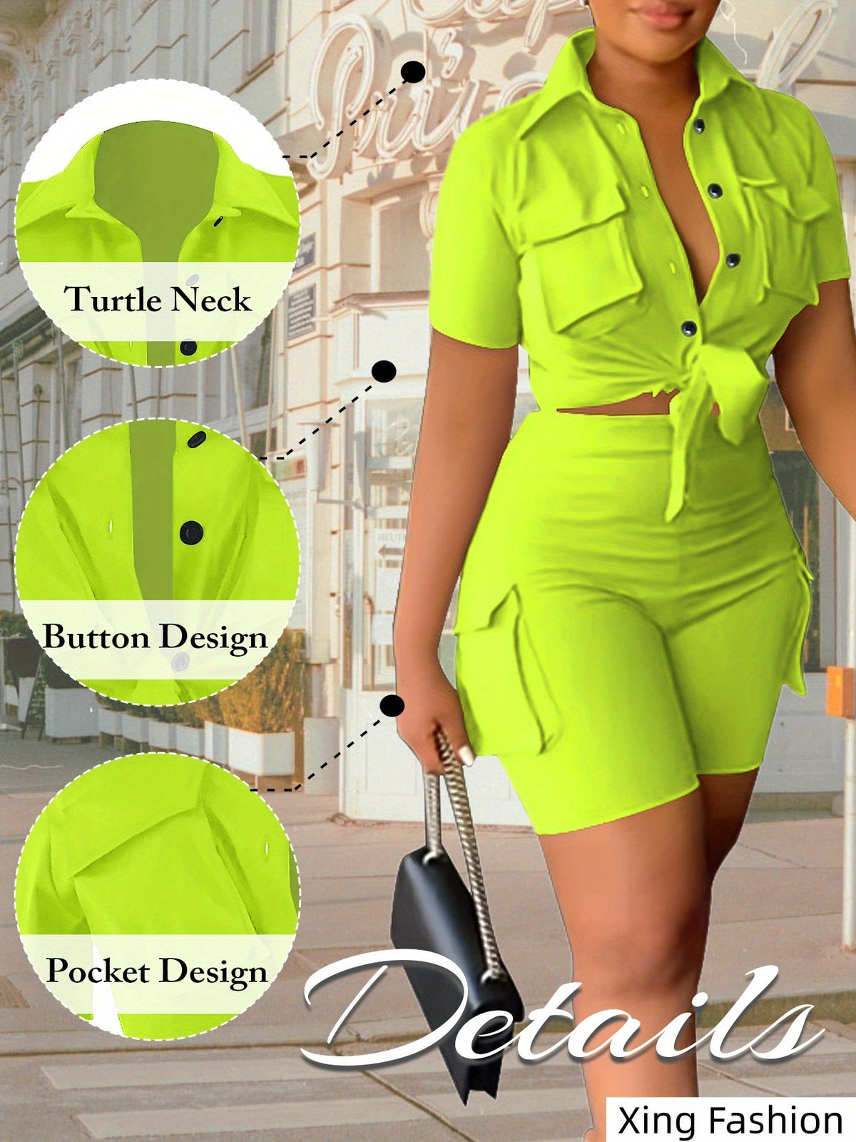 Women 2pcs Short Sleeve Button Top Biker Shorts Set Summer Casual Streetwear Solid Color with Pockets Khaki Black White Green