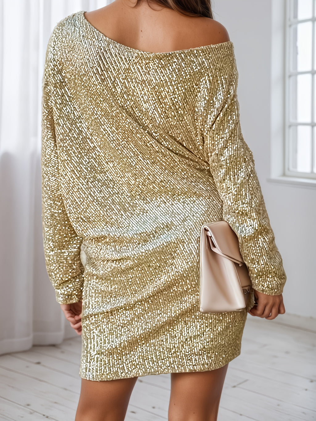 Sequin Bodycon Dress for Women V-Neck Long Sleeve Shimmering Contrast Party Evening Midi All Season Sexy Dress