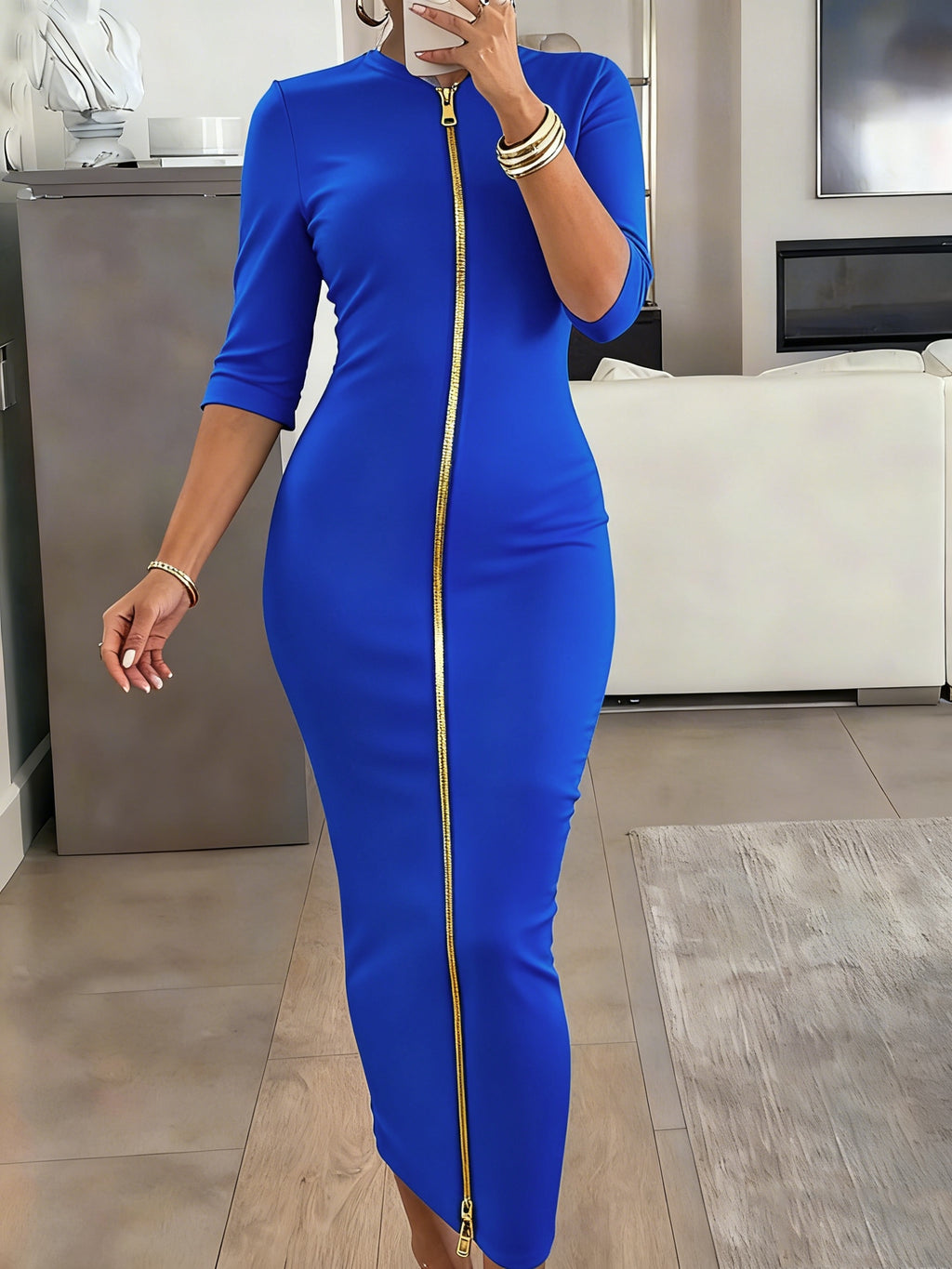Women's Slim Fit Boat Neck Zipper Dress Short Sleeve Elegant Mid-Length Casual Dress Spring Summer Autumn