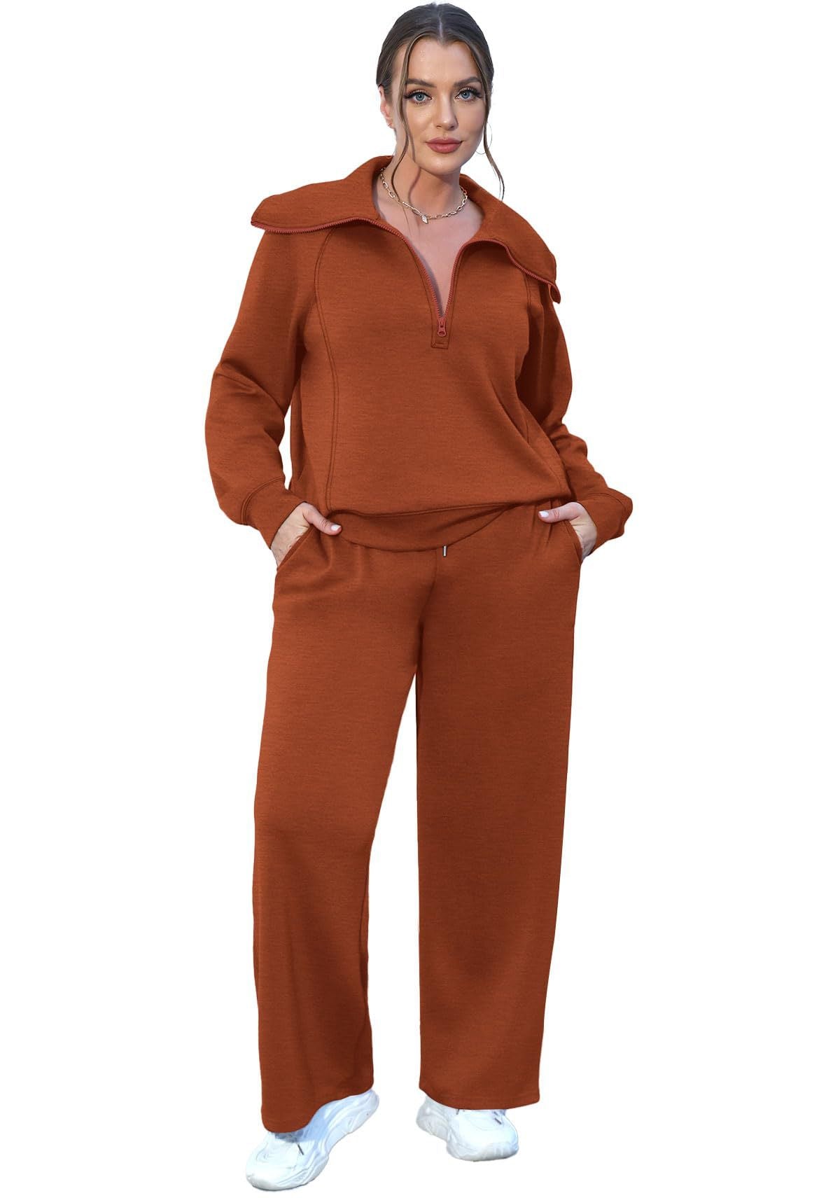 Zipper Sweatshirt Wide-Leg Pants 2 Piece Set Women Casual Tracksuit Outfit for Spring Fall - Loose Fit Jogger Co-ord Set