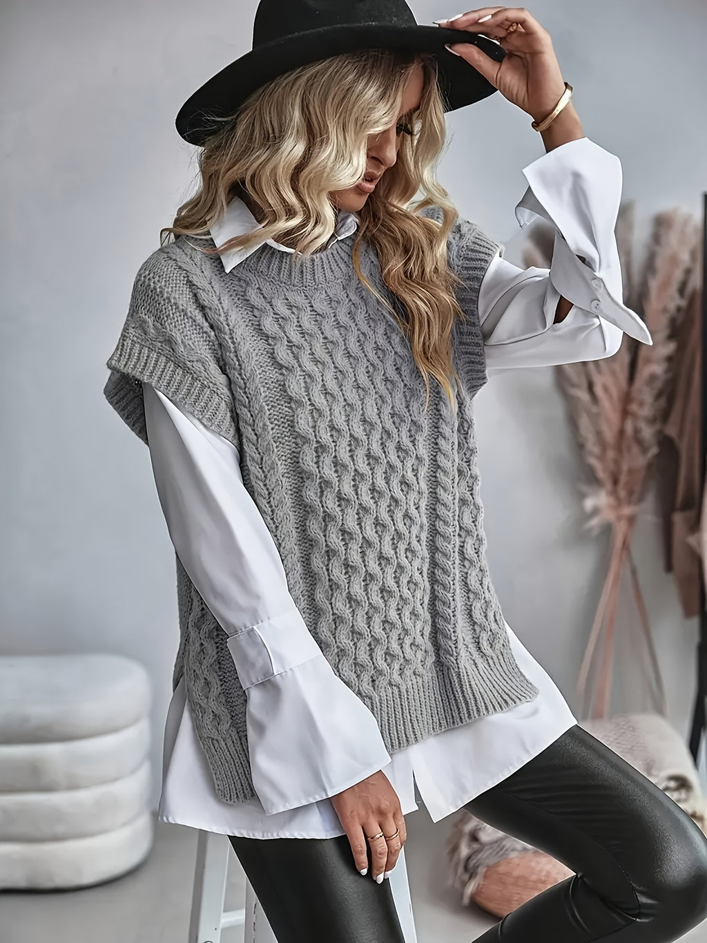 Cable Knit Sweater Vest Women Sleeveless Round Neck Slit Hem Solid Color Layering Top - Casual Semi-Formal Acrylic Knitwear Spring Summer Fall