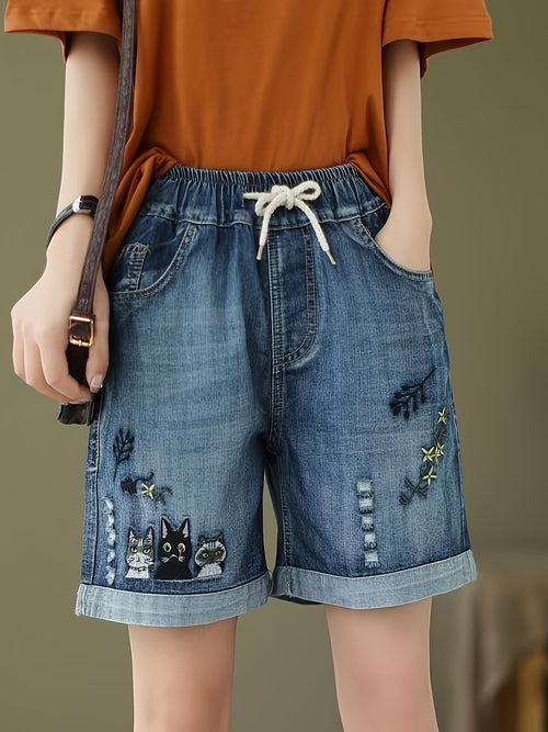 Cat Embroidered Denim Shorts for Women - Loose Fit Elastic Drawstring Waist, Wide Leg Casual Jean Shorts with Pockets, Cute Streetwear Style for Summer