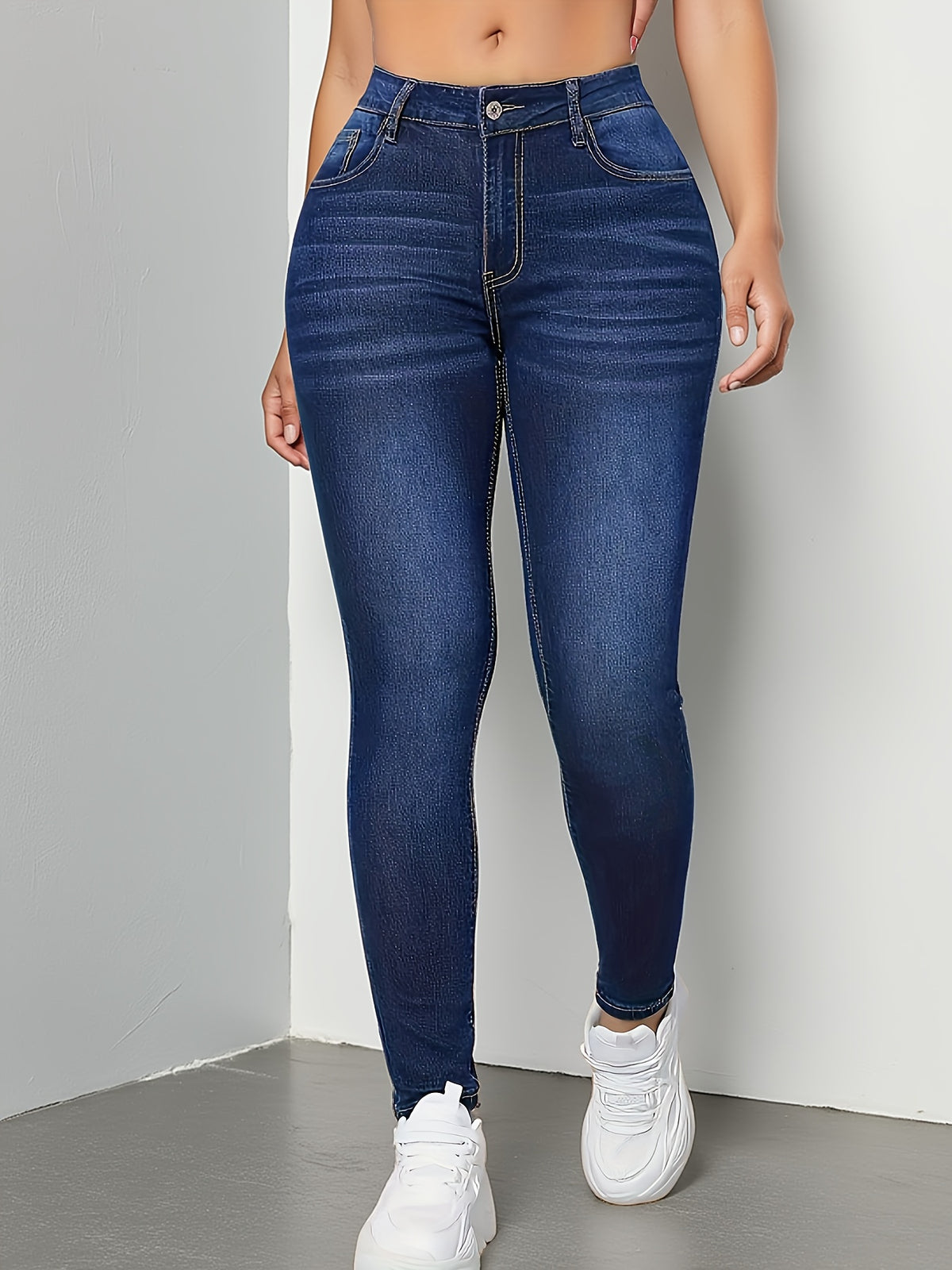 Women's Blue Skinny Jeans Washed Tapered Slim Fit High Stretch Casual Denim S-XXL