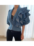 V-Neck Ruffled Denim Jacket Women Waist Cinched Cropped Light Blue Washed Long Sleeve Cardigan Feminine Spring Fall Outfit