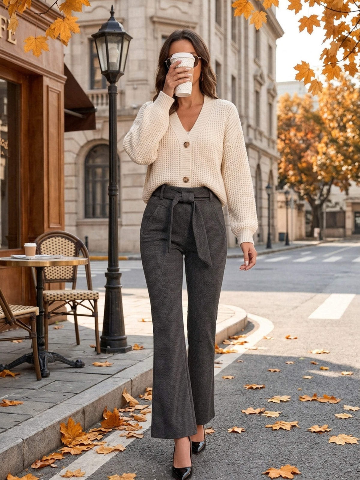 High Waist Wide Leg Pants Women Tie Sash - Ponte Print Pull-On Trousers, Elegant Relaxed Fit Casual & Work Bottoms in Black & Graphite