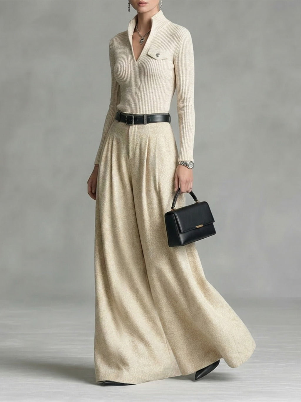 Ribbed Top Draped Wide-Leg Long Skirt 2pcs Set Women Relaxed Luxurious Casual Chic Citywalk Gathering Spring Summer All-Season Grey Outfit M-XXL
