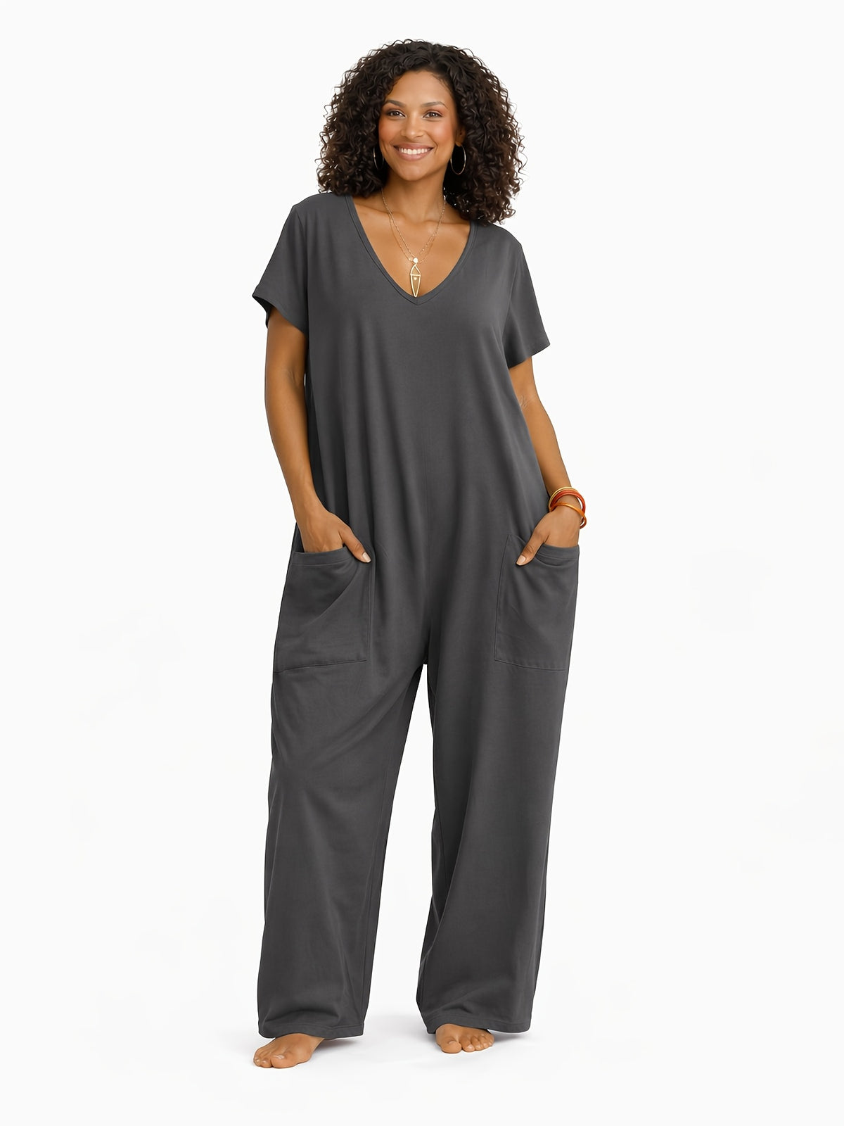 Oversized Loose Jumpsuit for Women with Pockets, V-Neck Short Sleeve Lightweight Casual One Piece, Solid Color Everyday Romper for Spring Summer Fall, Machine Washable