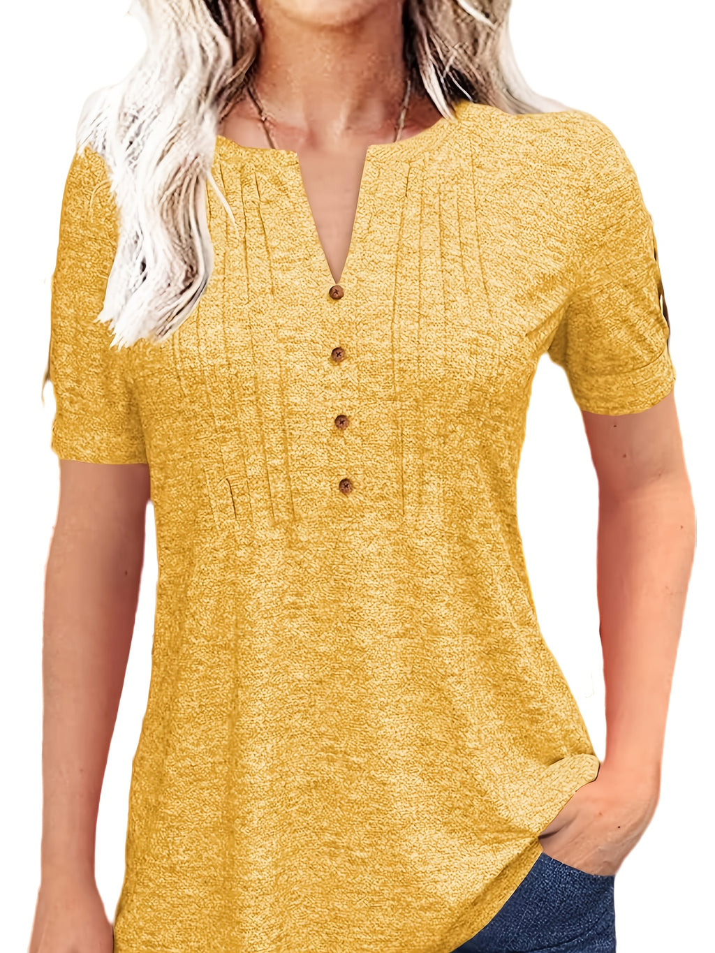 Pleated V-Neck T-Shirt Women Solid Color Short Sleeve Button-Up Casual Summer Top 60% Polyester Viscose Micro-Elastic Smooth Knit Tunic Versatile Daily Wear S-XXL