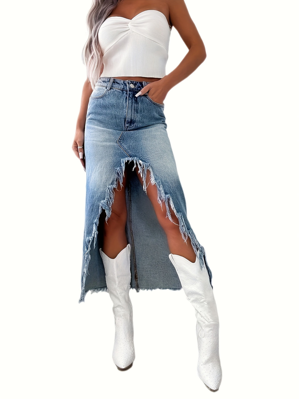 Women High Waist Irregular Raw Edge Denim Skirt Old Washed Vintage Street Style Casual Blue Frayed Hem