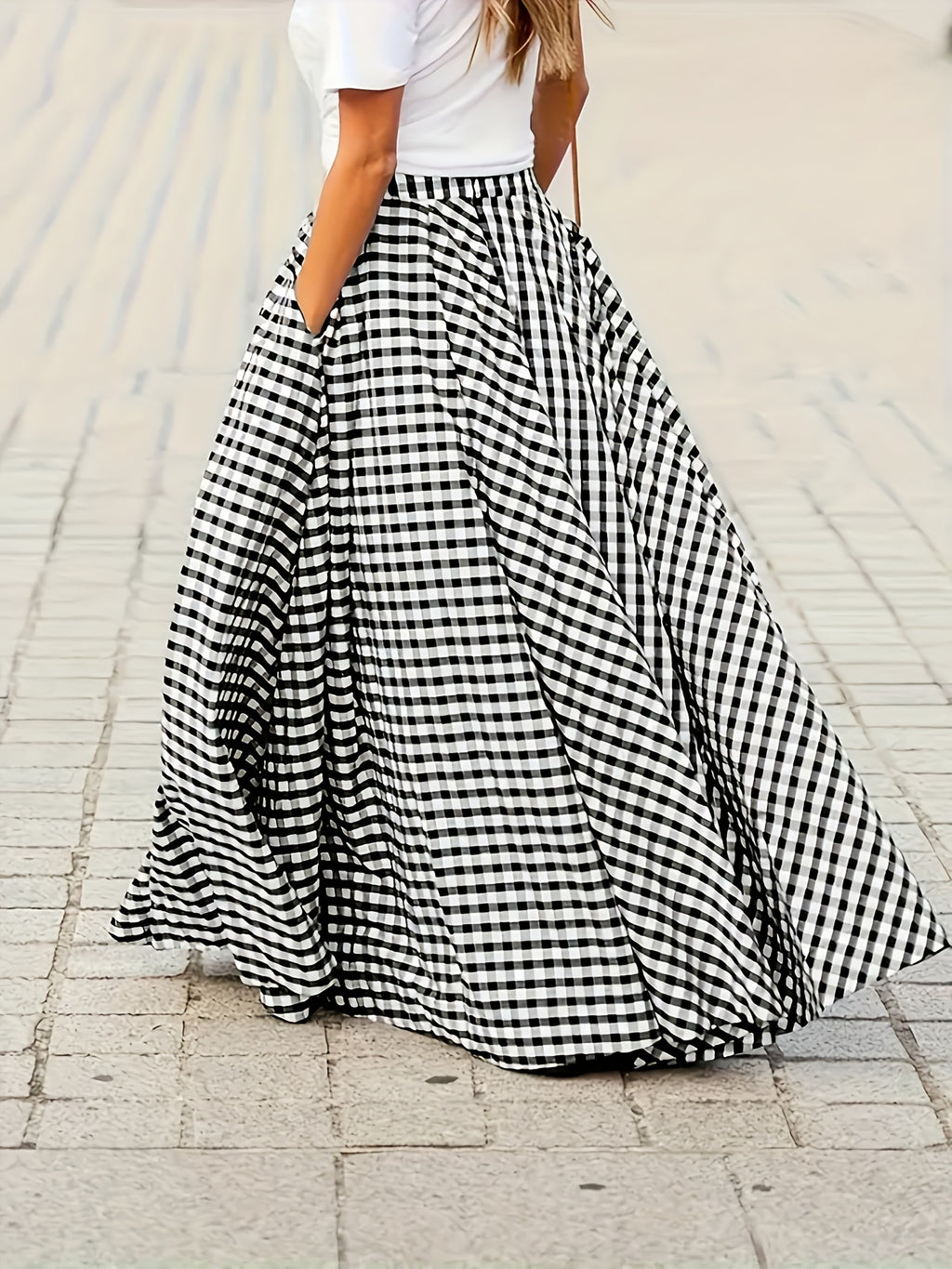 Plaid High Waist A-Line Midi Skirt for Women Checkered Woven Opaque Flowing Mid Length Skirt Spring Fall Casual Streetwear Blue White Black White S-XXL