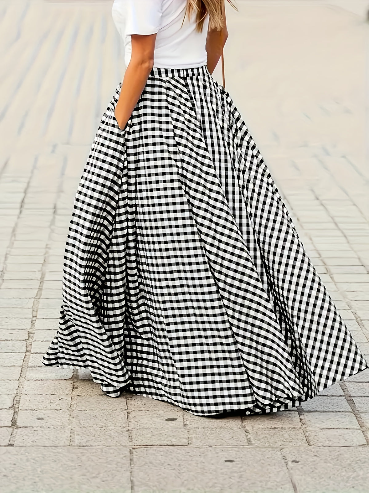 Plaid High Waist A-Line Midi Skirt for Women Checkered Woven Opaque Flowing Mid Length Skirt Spring Fall Casual Streetwear Blue White Black White S-XXL