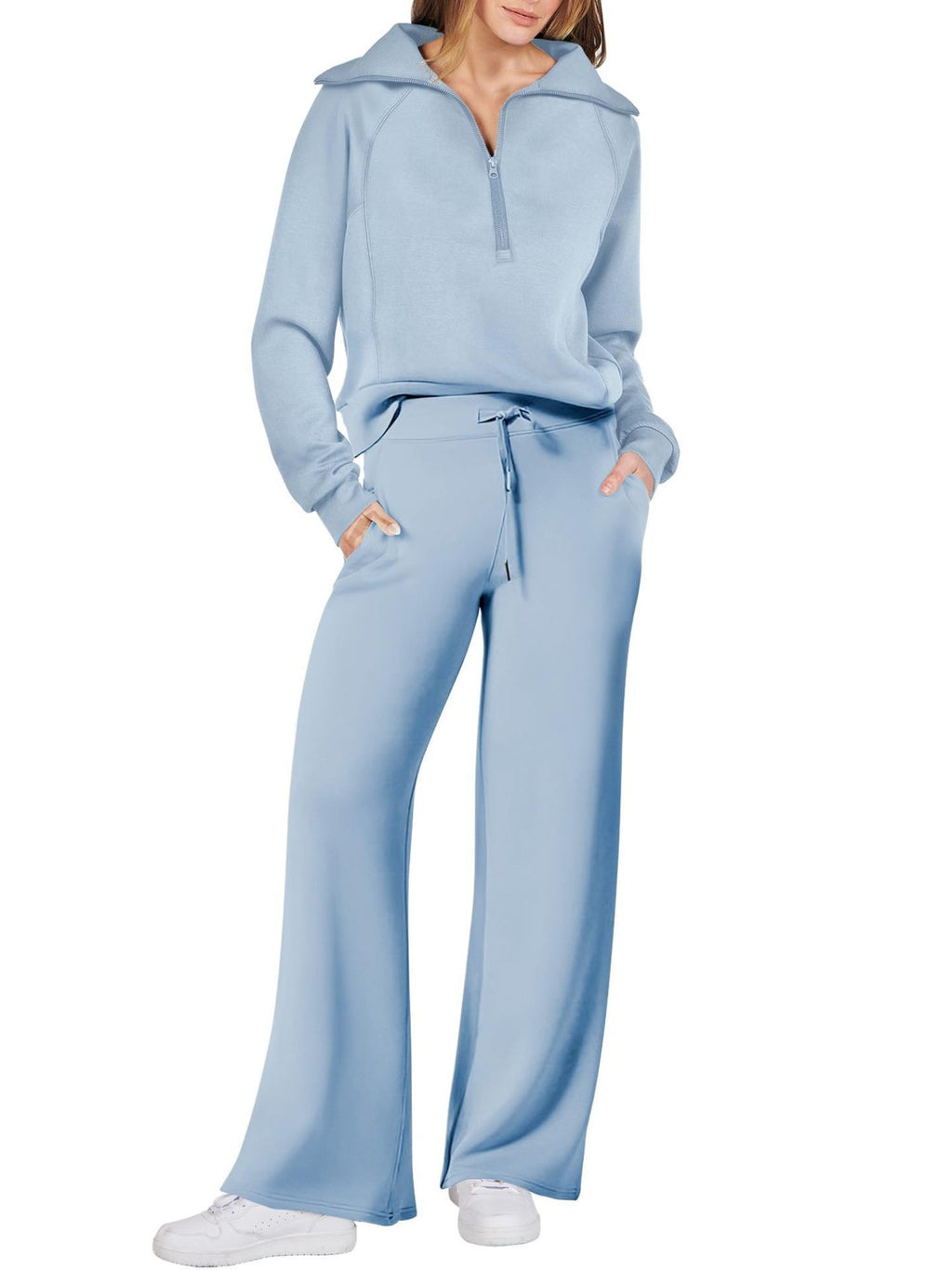 Zipper Sweatshirt Wide-Leg Pants 2 Piece Set Women Casual Tracksuit Outfit for Spring Fall - Loose Fit Jogger Co-ord Set